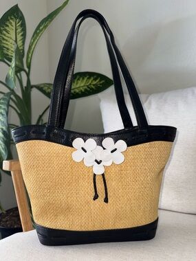 Cole Haan Woven Straw Black Faux Leather Trim Shoulder Tote Floral Accents Purse